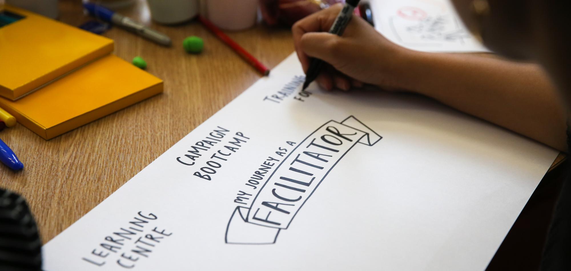 A person writing on a piece of paper. Text in the middle rads 'my journey as a facilitator'.