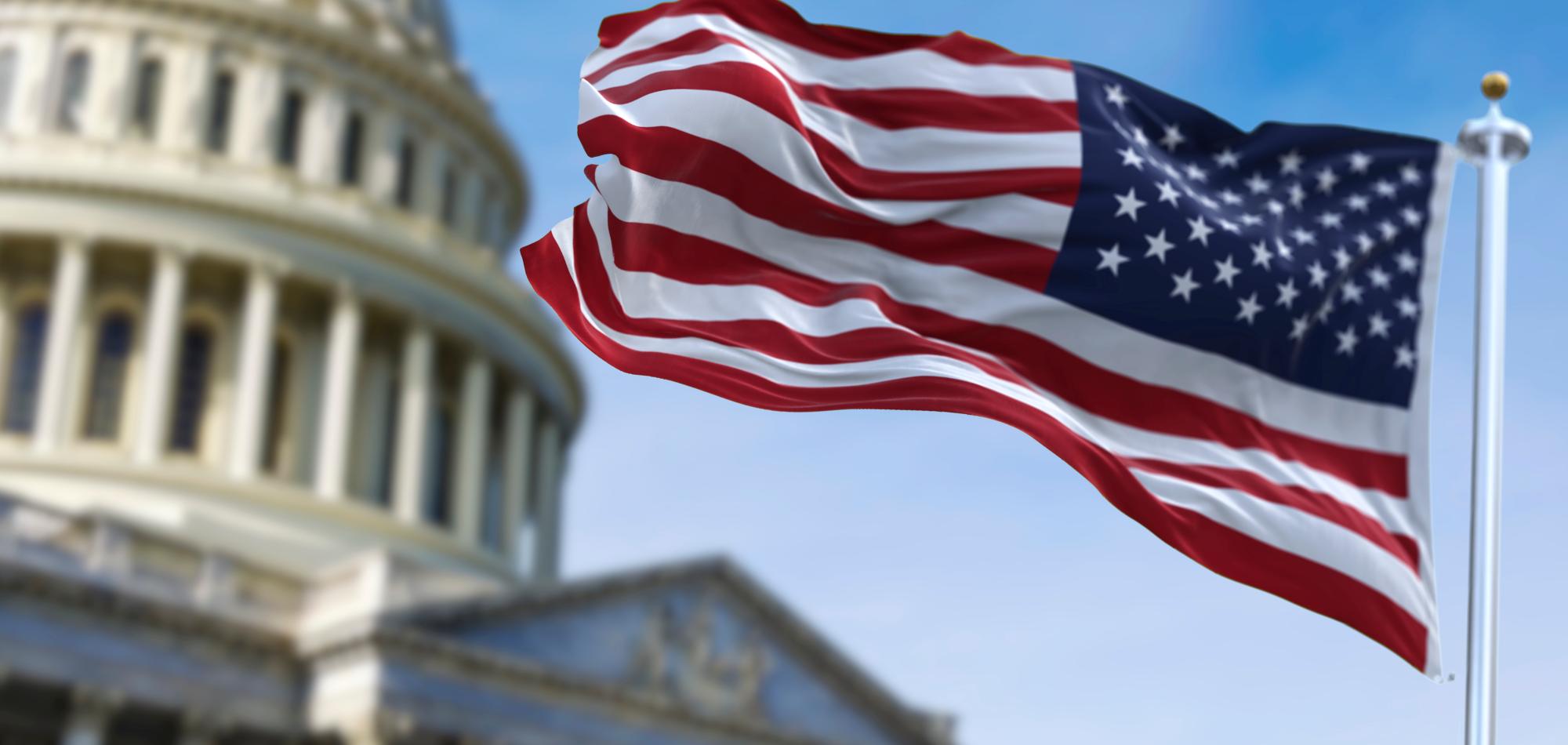 American flag with the whitehouse in the background