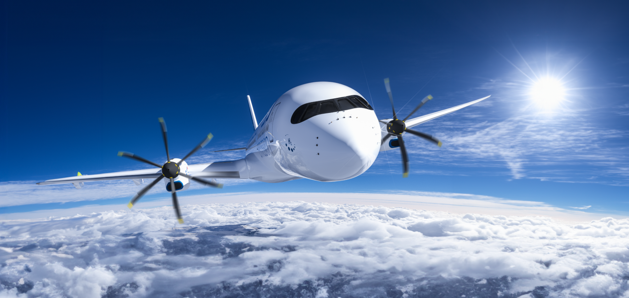 White airplane flying above Earth, with a blue sky and the sun in the background