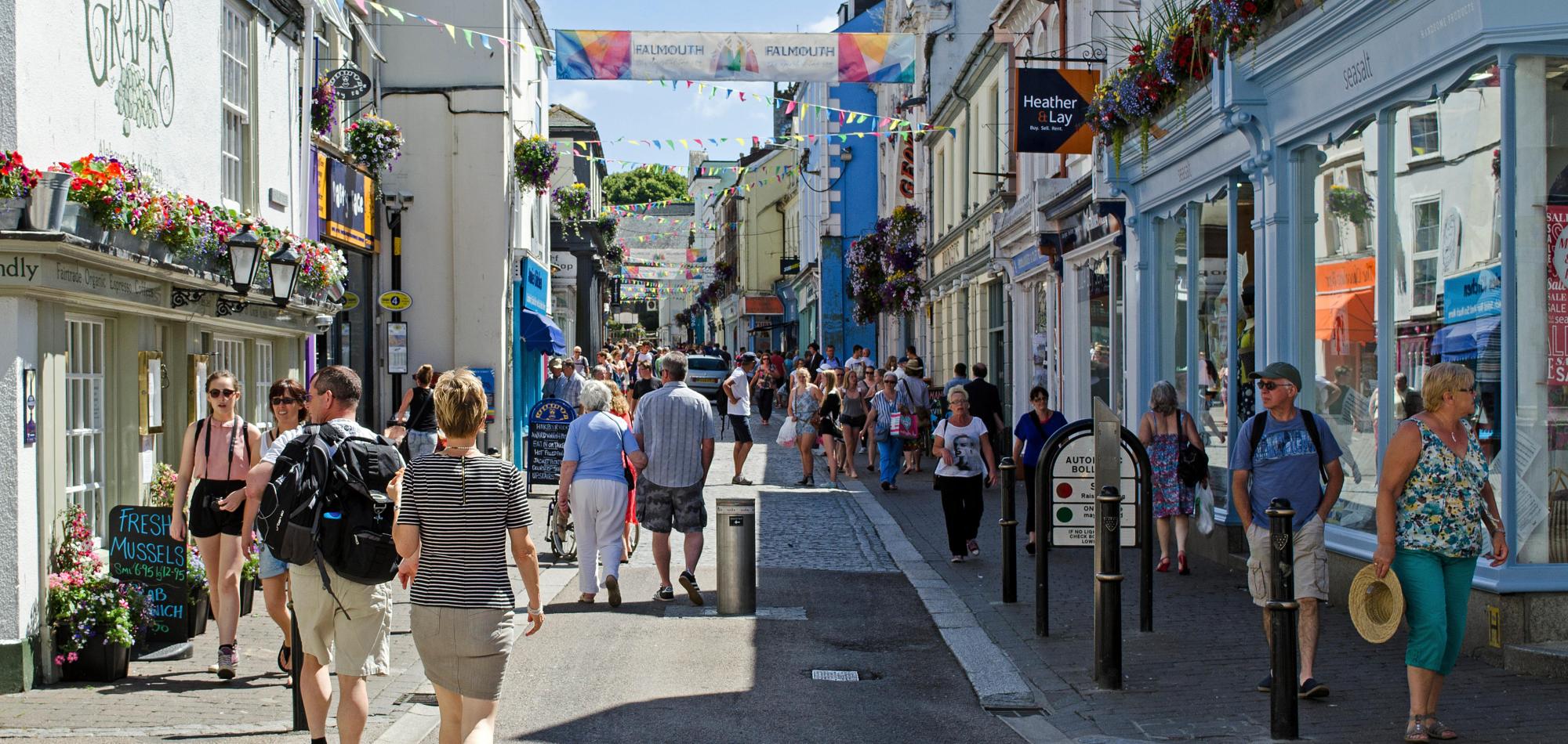 Church street in Falmouth, Cornwall, UK - Bustling street with lots of people