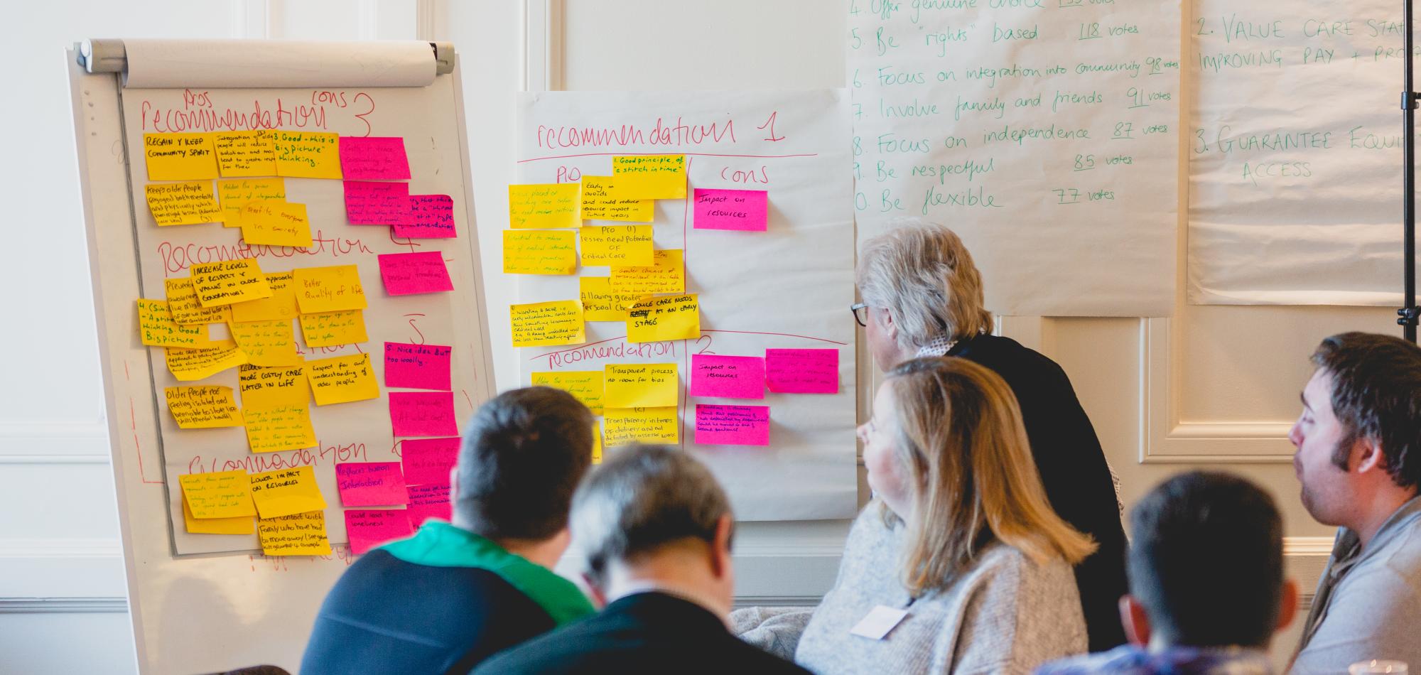A group of people talking around a table and looking up at post-it notes on a board and wall behind them. 