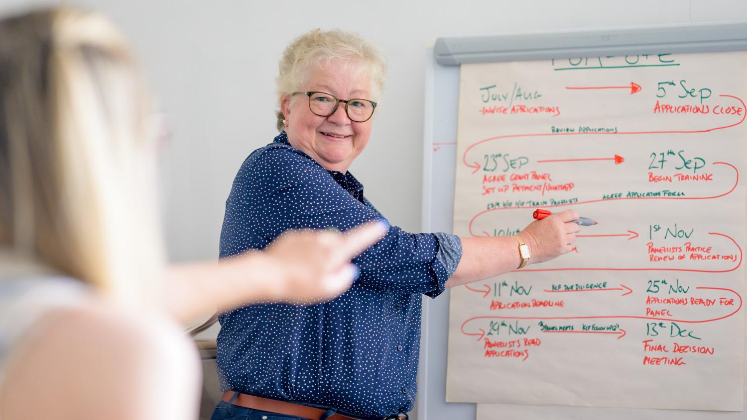 Photo belongs to the Centre of Ageing Better, of a woman pointing to a whiteboard. 