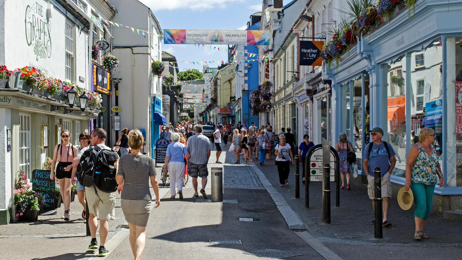 Church street in Falmouth, Cornwall, UK - Bustling street with lots of people