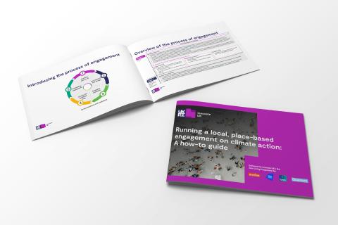 An image of a purple and white document open on a white background